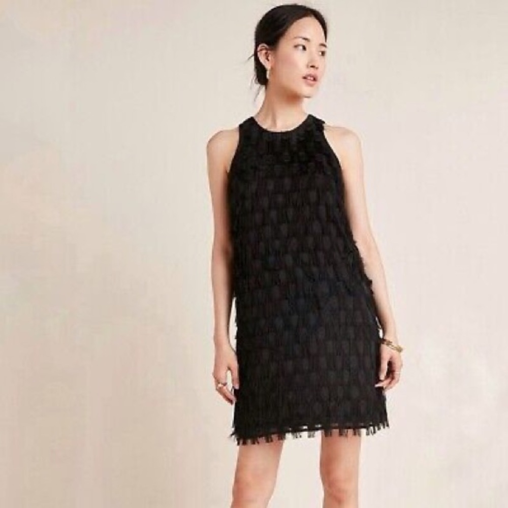 Anthropologie Black Fringe Mini Shift Dress, Size 14